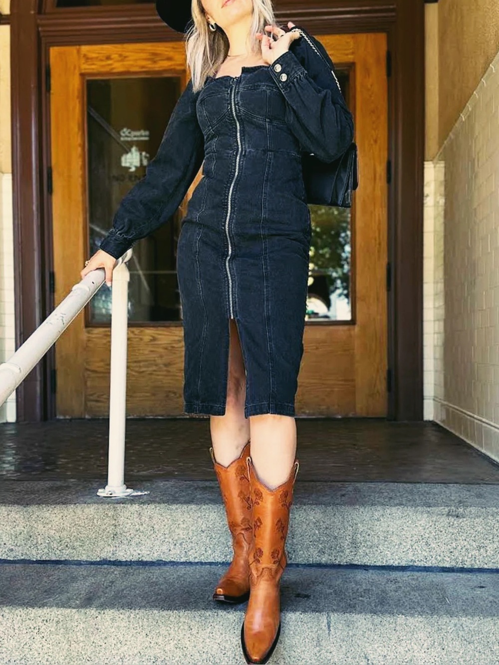 NWT Future Collective Kahlana Barfield Brown Puff Sleeve Black Denim Dress - Picture 5 of 9